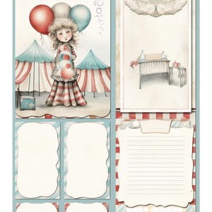 May include: A digital collage with a Victorian fair theme. It features illustrations of a girl with balloons, circus tents, and blank note spaces. The colour palette is soft, with red, blue, and cream tones. Text on the page reads "Victorian Fair - Page 10".