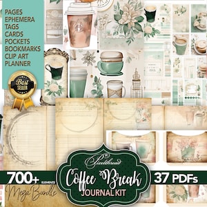 Plus de 700 vintage café tasse à thé tasse à thé imprimable numérique journal indésirable coupe soignée autocollants éphémères cliparts pages paquet de papier Kit de fournitures