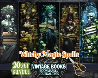 May include: A set of 20 vintage book bookmarks or journal tags featuring a witchy magic spells theme. The bookmarks feature illustrations of women with dark hair and clothing, surrounded by books and skulls. The text "Witchy Magic Spells" is featured in orange letters. The text "20 Set Bundle" is featured in green letters. The text "Vintage Books Bookmarks / Journal Tags" is featured in white letters.