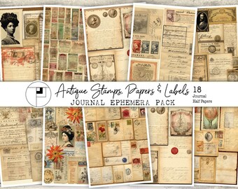 Antique Ephemera Stamps Papers Labels Tags Letters Fussy Cuts Printable A4 Junk Journal Stickers Clipart JunkJournal Bundle Digital Supplies