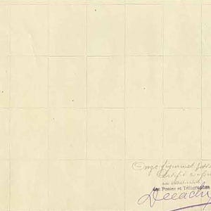 May include: A vintage, off-white postcard with a grid pattern. Handwritten text and a signature are visible in the lower right corner. The postcard is aged, with visible creases and imperfections, suggesting it is an antique item.