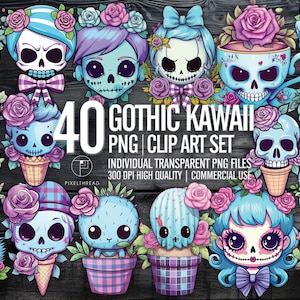Kawaii Skull Planner Stickers: Pastel Chibi PNG Clipart (Digital Download