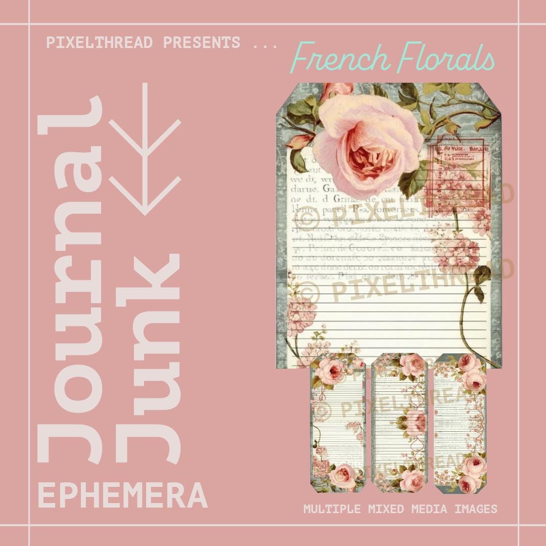 Printable Vintage Shabby Floral Rose Junk Journal Tags Digital Ephemera ...