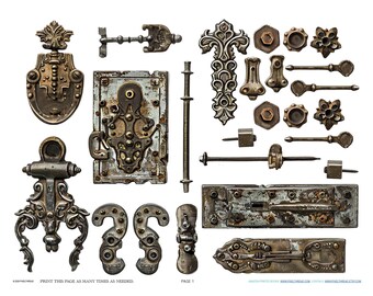 Antique Industrial French Hinge Hardware Scrapbook Jewelry Making Findings Ephemera Planner Clipart Stickers Junk Digital Printables Kit