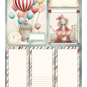 May include: A scrapbook page with a Victorian fair theme. It shows a red and white striped hot air balloon, various balloons, and a girl in a red dress. The page has blank spaces for journaling and the text "VICTORIAN FAIR - PAGE 33".