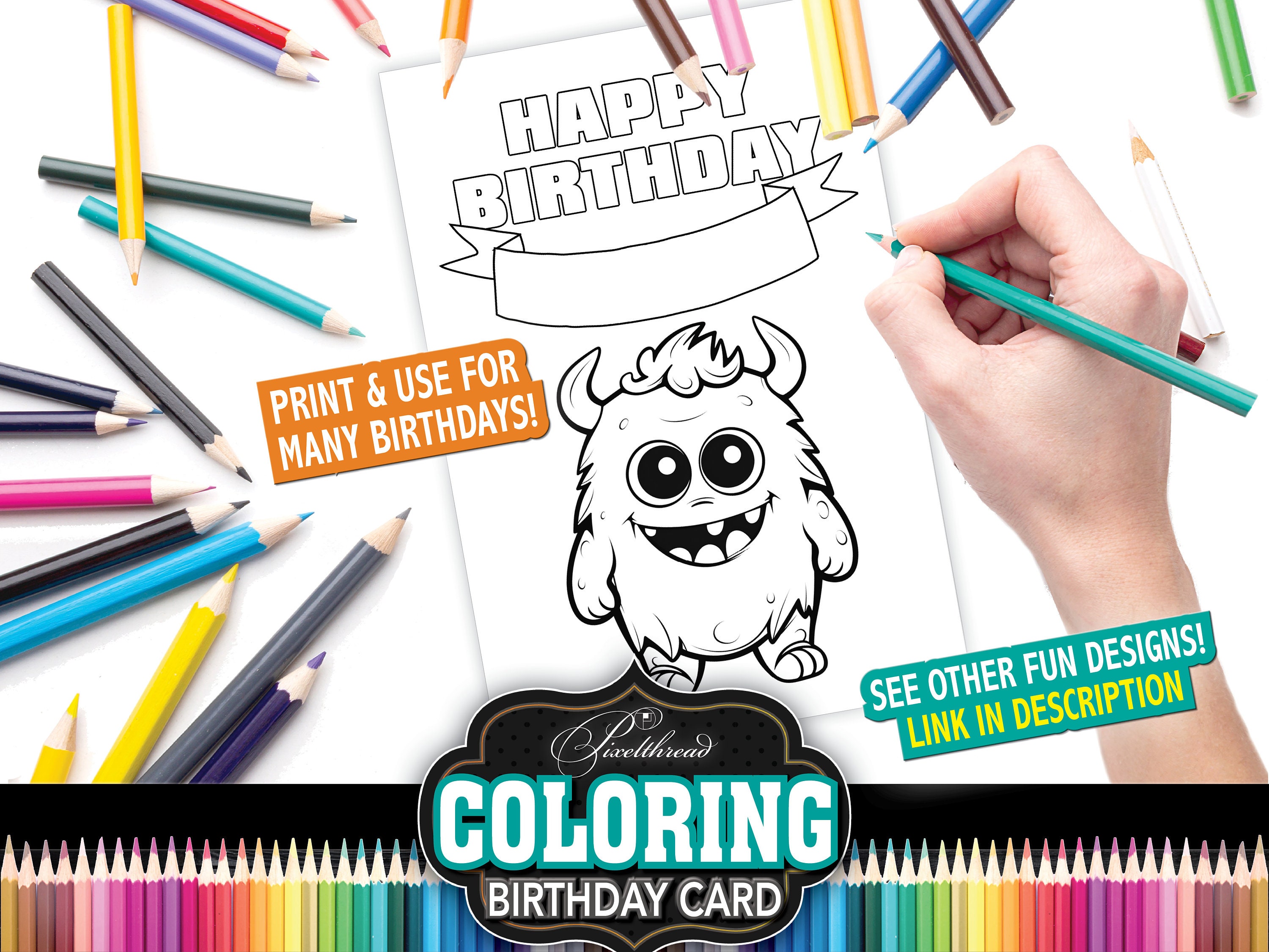 Monster Coloring Colouring Birthday Card Sheet Page Kid Activity ...