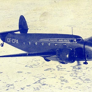 May include: A vintage blue and white image of a Canadian Pacific Airlines airplane in flight. The aircraft has two engines and a distinctive tail design. The text "CF-CPA" and "Canadian Pacific Airlines" are visible on the plane.