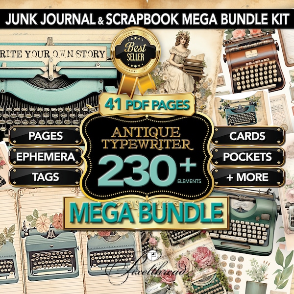 230+ Typewriter Junk Journal Digi Kit Journaling Cards Tags Decoupage Collage Scrapbook Paper Ephemera Supplies Templates Digitals Printable