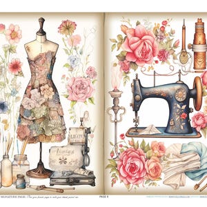 May include: A vintage-style illustration featuring a dress form with a floral dress and a sewing machine. The image is adorned with watercolor roses and sewing tools, creating a craft and design theme. The text "SIGNATURE PAGE" is visible.