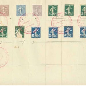 May include: A collection of vintage French postage stamps, featuring a woman in a flowing gown. Stamps are in shades of green, blue, and pink, with red circular postmarks. The stamps are arranged on a cream-colored paper with grid lines.