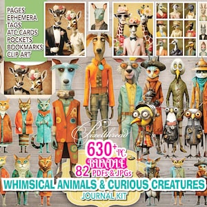 Animal caprichoso gato cachorro pássaro raposa coelho papel boneca lixo diário imprimível fussy cut ephemera tags atc adesivos digitais clipart suprimentos kit