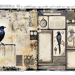 Raven Crow Poe Bird Digital Junk Journal Fussy Scrapbook Ephemera Planner Tags ATC Stickers Stamps Pockets Pages Supplies Printable Pack Kit