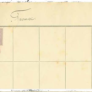 May include: A vintage postal document with several postage stamps. The stamps are in shades of pink, purple, and green, featuring a figure. The document has a grid pattern and handwritten text, including the word "France" and dates.