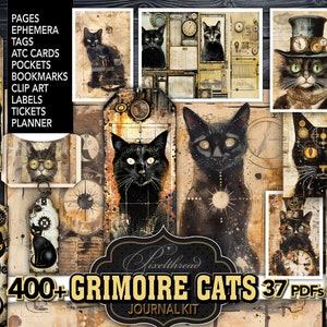 Magical Victorian Black Cat Junk Journal Ephemera Witchcraft Grimoire Printable Digital Fussy Cuts Stickers Clipart Paper Pages Supplies Kit