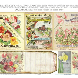 May include: A collection of vintage seed packet journaling cards and bookmark tags. The cards feature colorful floral illustrations and text, including "Farm and Garden Annual" and "Sweet Pea". The bookmark tag has a lined design.
