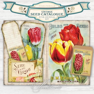Diario de recortes con semillas de flores, efímeras florales digitales, etiquetas de bolsillo imprimibles, álbum de recortes, collage, kit de suministros para decoupage