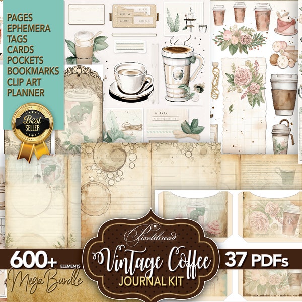 600+ Coffee stained paper digital Vintage Coffee Junk Journal Digi Kit ATC Supplies Templates Tea Coffee Dyed Ephemera Printable Scrapbook