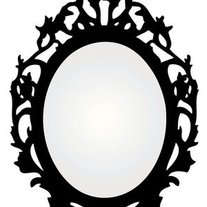 May include: An oval-shaped mirror with a black ornate frame. The frame features a detailed, symmetrical design with floral and scroll-like elements. The mirror's surface is a bright white.
