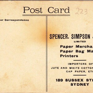 May include: Vintage postcard with text including "Post Card" and "Spencer, Simpson & Mann Limited". The card is aged with a sepia tone, featuring printed text and a blank area for an address.