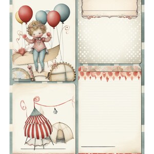 May include: A vintage-style digital paper sheet with a circus theme. The sheet features illustrations of a child with balloons, a circus tent, and blank spaces for notes. The colour palette includes red, blue, and beige tones. The text "VICTORIAN FAIR - PAGE 22 -" is visible.