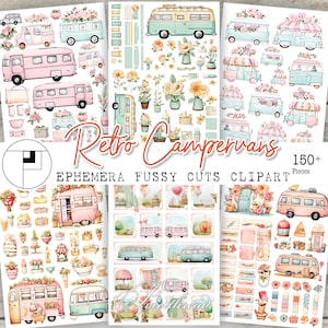 Kit imprimible de pegatinas para diario, material de clipart, para autocaravana, caravana, camping, retro, vintage, lindo, digital, efímera