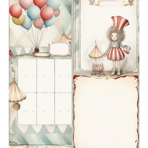 May include: A vintage scrapbook page with a circus theme. The page features illustrations of balloons, a carousel, and a girl in a circus outfit. The text "VICTORIAN FAIR - PAGE 26 -" is visible at the bottom of the page.