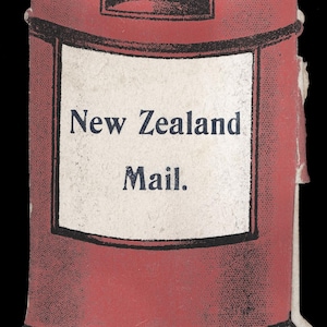 May include: A vintage red and black New Zealand Mail mailbox illustration. The mailbox is cylindrical with a rectangular label that reads "New Zealand Mail."
