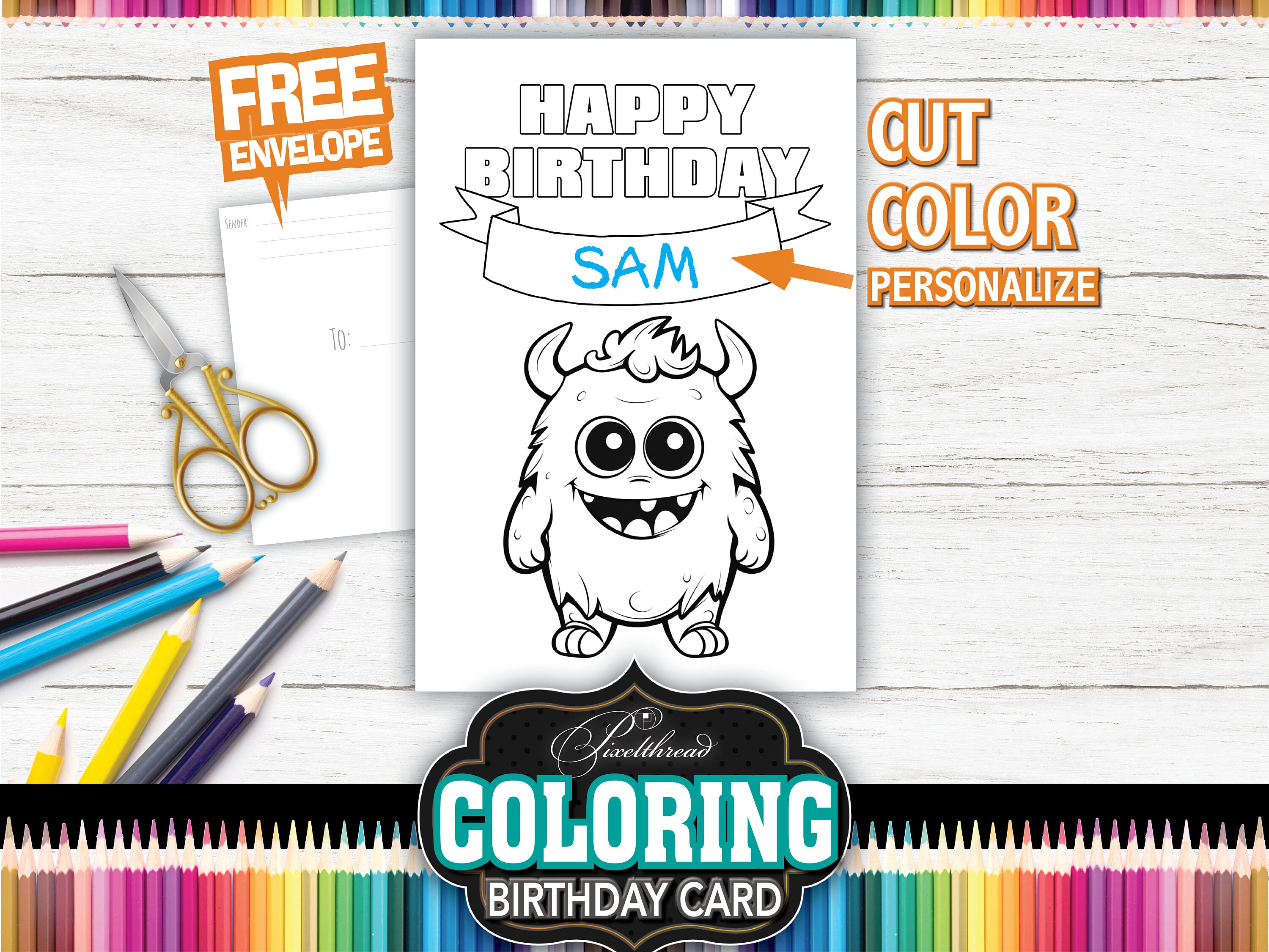 Monster Coloring Colouring Birthday Card Sheet Page Kid Activity ...