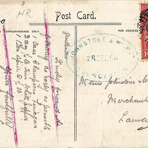 May include: Vintage postcard with handwritten notes and a red postage stamp from Tasmania. The postcard is addressed to Mrs. Johnstone, with a postmark dated December 28, 1906. The card is cream-colored with black and purple ink.