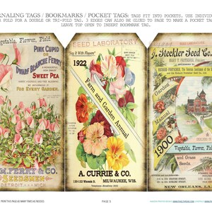 May include: Three vintage-style journaling tags with botanical illustrations and text. The tags feature images of flowers, including sweet peas and nasturtiums, and text such as "Farm and Garden Annual" and "Seed Laboratory".