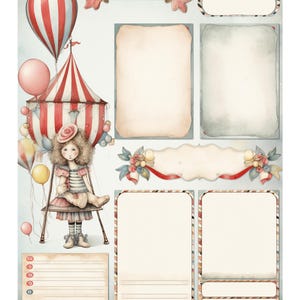 May include: A Victorian-themed scrapbook page with a circus design. It features a red and white striped tent, a hot air balloon, and a seated doll. Includes blank frames and decorative elements in pastel colours.