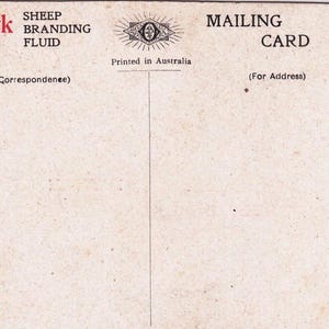 May include: Vintage postcard with the text "Vacmark SHEEP BRANDING FLUID" in red. The card also includes "MAILING CARD" and "Printed in Australia". A star-shaped stamp area is visible.