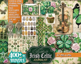 400+  Celtic Junk Journal Kit Clover Cross Journal Christian Catholic Journal Digital Clover Clipart Shamrock St Pat Day Printable Ephemera