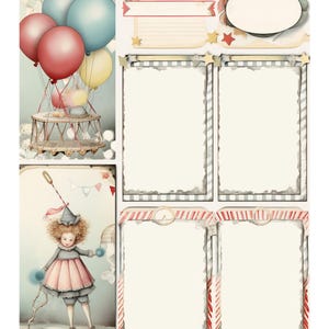 May include: A scrapbook page with a Victorian fair theme. The design includes illustrations of balloons, a doll, and decorative frames. The colour palette features soft pastels and muted tones, creating a whimsical and nostalgic feel.