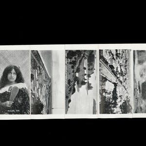 May include: A black and white contact sheet featuring a series of images. The images include portraits of people and scenes of nature. The contact sheet is attached to a white card with a decorative edge.
