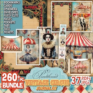 Circus Ephemera Cirque Digital Junk Journal Big Top Carnival Printable Journaling Fussy Cut Stickers Tag Labels Pockets Paper Pages Supplies