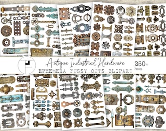 250+ Antique Ephemera Fussy Cuts Printable A4 junk journal Stickers Grunge Hardware Hinges Latches Drawer Pulls Clipart Digital Supplies Kit