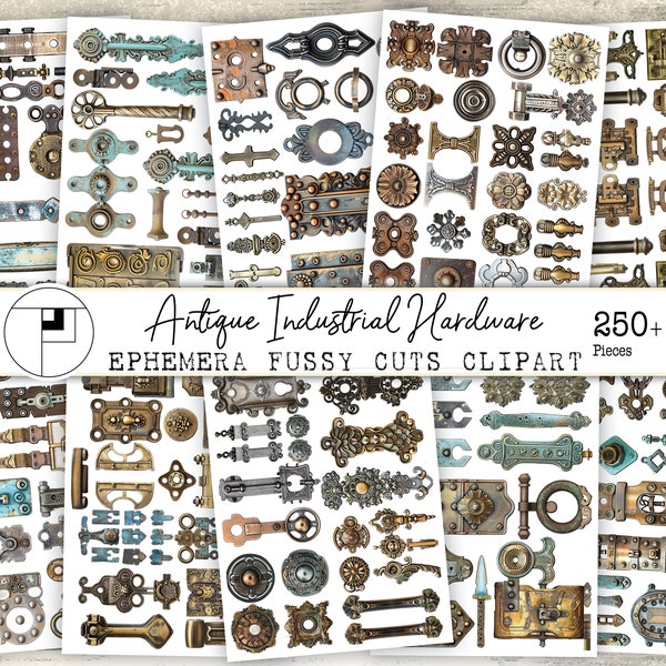 250+ Antique Ephemera Fussy Cuts Printable A4 junk journal Stickers Grunge Hardware Hinges Latches Drawer Pulls Clipart Digital Supplies Kit