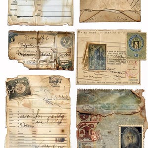 May include: A collage of vintage ephemera, including aged letters, envelopes, and postcards. The items display faded colors, torn edges, and various postage stamps. Some documents feature handwritten text and stamps, creating a nostalgic aesthetic.
