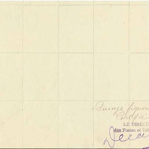May include: A vintage, off-white postcard with a grid pattern. Handwritten text in purple ink includes the words "Quize figurated postal" and "Certifié conforme". The signature of "Le Directeur" is also visible.