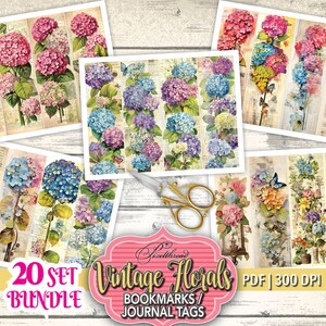 May include: A set of 20 printable vintage floral bookmarks or journal tags featuring hydrangeas in shades of pink, blue, and purple. The images are high resolution and perfect for adding a touch of vintage charm to your projects.