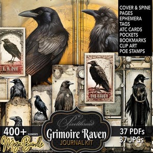 Raven Crow Bird Poe Junk Journal Printable Ephemera Digital Grimoire Fussy Cut Tags Stickers Clipart ATC ACEO Paper Pages Pack Supplies Kit