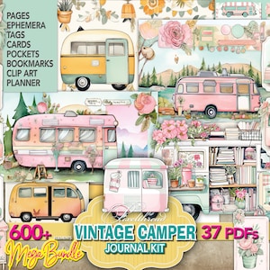 Diário de Lixo, Camper Caravan, Campervan, Camping, Objetos Digitais, Etiquetas de Corte Exigentes, Páginas de Adesivos de Bolso, Kit de Suprimentos de Papel, Diário de Lixo para Imprimir