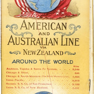 May include: Vintage travel advertisement for the American and Australian Line via New Zealand. The image features a globe with flags of the United States and Great Britain, along with a steam train and sailing ships. The text includes distances in miles.