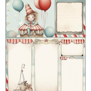 May include: A vintage-style digital art print with a circus theme. The artwork features a doll with balloons, decorative borders, and blank spaces for journaling. The colour palette is soft, with pastel blues, reds, and beige tones. Text on the page reads "VICTORIAN FAIR - PAGE 44".