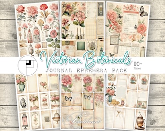 May include: A digital collage sheet with over 90 vintage botanical illustrations and ephemera. The images feature pink flowers, butterflies, and antique-style labels and journals. The text "Victorian Botanicals Journal Ephemera Pack 90+ Pieces" is at the top of the sheet.