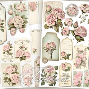 Efêmeras para impressão Digital Junk Journal Tags Francês éphémères floraux Française Fussy Cut Floral Rose Gráficos Etiquetas Pacote de suprimentos de adesivos