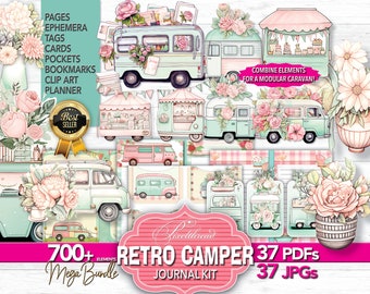 700+ Cute Camper Junk Journal Kit Retro Vintage Campervan Caravan Camping Clipart Journal Fussy Cut Ephemera Printable Digitals ATC Supplies