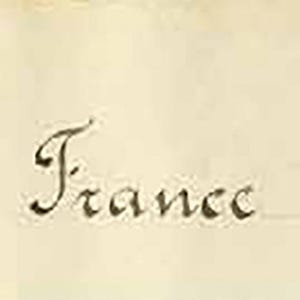 May include: A vintage paper with the word "France" written in elegant script. The text is in a dark color, possibly black or brown, and is centered on the paper. The number "0007" is in the upper right corner.