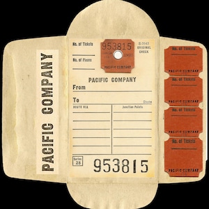 May include: Vintage Pacific Company ticket holder with multiple tickets. The holder is beige with the words "PACIFIC COMPANY" printed vertically. The main ticket has the number "953815" and the word "JUMBO". Several smaller tickets are attached.